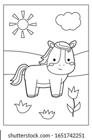 Coloring page of book for preschool children. Cute cartoon kawaii horse. Farm animals. Educational game.