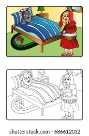 Coloring page book - Red riding hood with wolf in bed