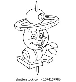 Coloring page. Coloring book. Salmon fish canape. Happy Food concept. Cartoon design for t-shirt print, icon, logo, label, patch, sticker.