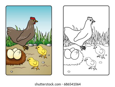 Coloring page book - Spring hen with chickens and eggs