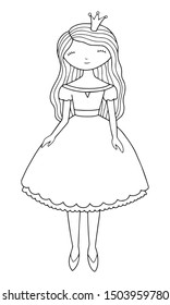 Coloring page or book vector illustration with a beautiful princess. Black outline drawing. Pretty girl.