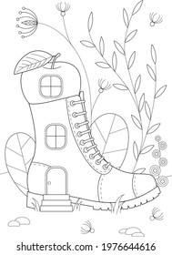 Coloring page. Boot-house in the grass.