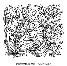 Coloring page bouquet flowers line art. Floral pattern garden plants, buds, leaves. Hand drawn doodle vector illustration. Summer coloring book for children and adults.