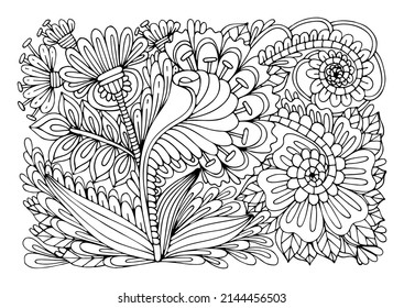 Coloring page bouquet of flowers thin line art. Floral pattern of garden plants. Hand drawn vector illustration. Simple doodle. Summer coloring book for children and adults.