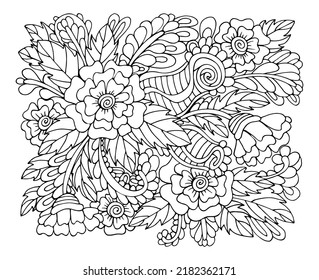 Coloring page bouquet of flowers thin line art. Floral pattern of garden plants. Hand drawn vector illustration. Simple doodle. Summer coloring book for children and adults.