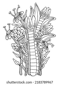 Coloring page bouquet of flowers thin line art. Floral pattern of garden plants. Hand drawn vector illustration. Simple doodle. Summer coloring book for children and adults.