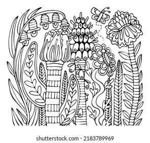 Coloring page bouquet of flowers thin line art. Floral pattern of garden plants. Hand drawn vector illustration. Simple doodle. Summer coloring book for children and adults.