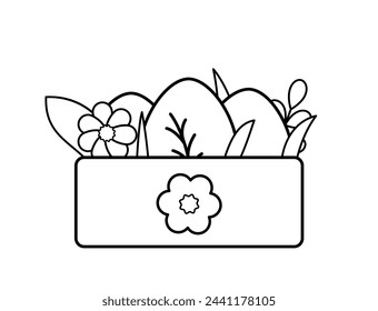 Caja de dibujos para colorear con huevos de Pascua y flores. Huevo blanco y negro. Coloréame. Ilustración aislada del vector eps 10