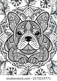 Coloring page of boxer dog, symbol of 2018 Chinese New Year. Freehand sketch drawing for adult antistress colouring book with doodle and mandala elements.