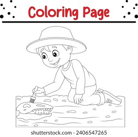 Coloring page boy brushing dinosaur fossil