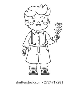 Pintura de um menino em um terno noturno. Arte de linha de um personagem em roupas bonitas e com flor. Página de livro de coloração de personagens infantis bonitos.