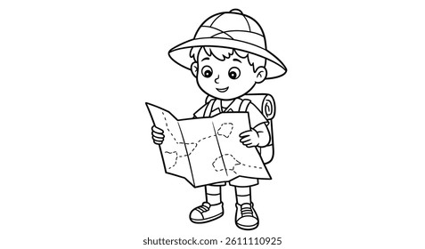 Coloring Page of a Boy Explorer Looking at a Simple, Folded Map
