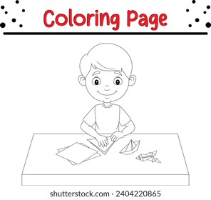 coloring page boy folding paper making origami toys.