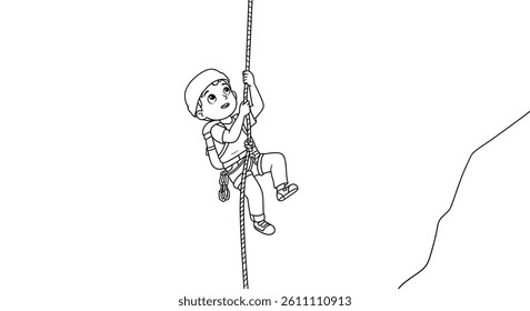 Coloring Page of a Boy Mountain Climber Holding Onto a Simple Rope, Looking Determinedly Upwards