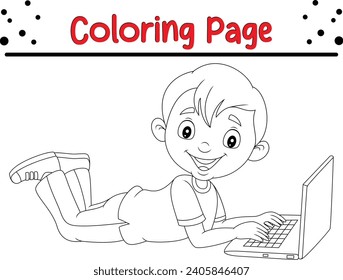 Coloring page boy operating laptop laying floor