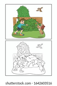 coloring page boy playing in garden with dog hand draw vector