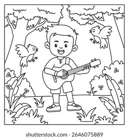 coloring page of boy playing guitar and dancing birds having fun in the forest
