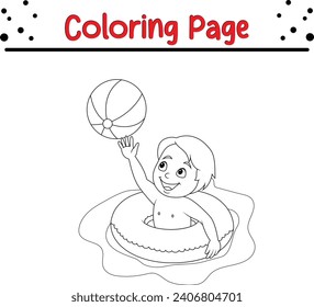 Coloring page boy playing inflatable circle with beach ball
