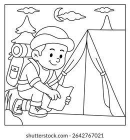 coloring page of boy reading map near tent.illustration of children's adventure theme coloring book