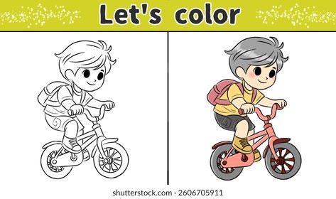 Coloring page of boy riding a bike, coloring book for kids.