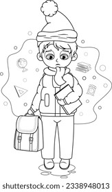 Colorido de la página. Niño con bolsa de colegio y libro
