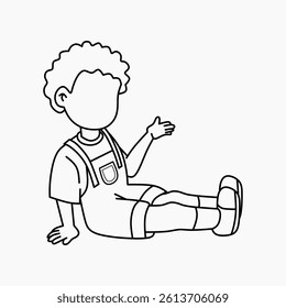 Coloring page of Boy Sitting with Relaxed Expression, Wearing Blue Overalls. Child Character Design