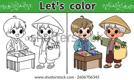 Coloring page of boys doing buying and selling, coloring book for kids.