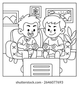 coloring page of boys playing video games together sitting on a couch in a background indoors
