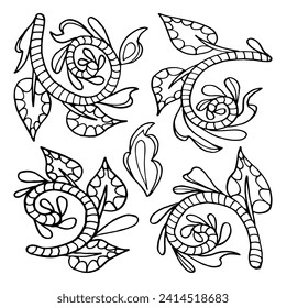 Coloring page branches with leaves Hand drawn doodle illustration.