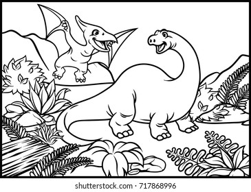 coloring page of brontosaurus and pterodactyl