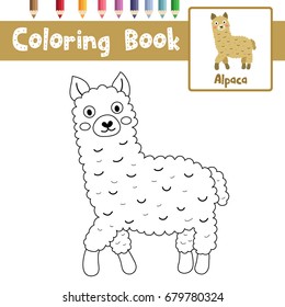 Coloring page of brown alpaca animals for preschool kids activity educational worksheet. Vector Illustration.