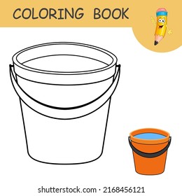 Coloring page with bucket of water. Template of colorless and color samples water pail on coloring page. Practice worksheet with plastic or metallic bucket for garden or cleaning house. Outline game.