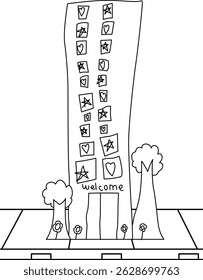 Coloring page of building drawing by little kids