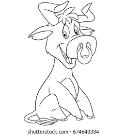 Coloring page of bull. Colouring book for kids and children. Cartoon vector illustration.