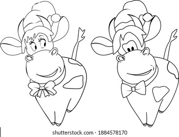 Coloring page bull and cow. This is a simple coloring page for kids. The symbol of 2021 is the bull. The page shows a bull and his girlfriend. Children can easily choose the right colors to get a brig