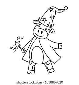 Coloring page with a bull wizard in a cape and hat with a magic wand. Vector illustration