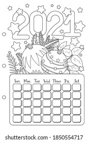 Coloring page. Bullet journal, planner set with Christmas and New Year elemens. Cute vector diary elements isolated on white. Week days.