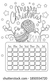 Coloring page. Bullet journal, planner set with Christmas and New Year elemens. Cute vector diary elements isolated on white. Week days.