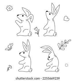 Coloring page bunnie. Different poses Rabbit Vector character illustration. Heart flower butterflies. Animal for icons, stickers, cover, print, textile, merch with rabbit, pattern, paper, scrapbooking