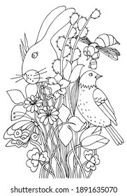 Coloring page with bunny, butterfly, bee, bird, tulips, daffodil, willow branch, flower. Early spring. Nature. Easter. Hand drawn vector illustration