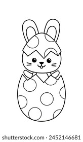 Coloring page bunny hatching from egg . Black and white hare in big polka dots egg. Vector