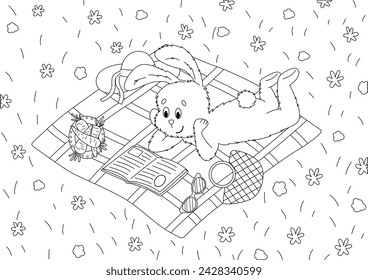 Coloring page with a bunny lying on a blanket on the grass and reading a book