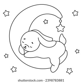 Coloring Page Bunny Sleeping On Moon, Is A Delightful Coloring Book Featuring Vector Illustrations For Children'S Creativity