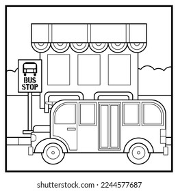 Farbseite des Busses an der Bushaltestelle. Geeignet für Aktivitäten von Kindern