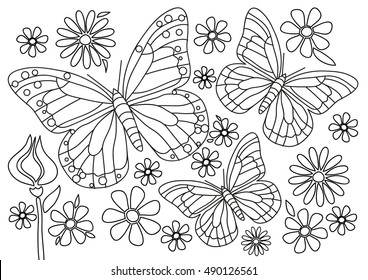 Coloring page - Butterflies with flowers