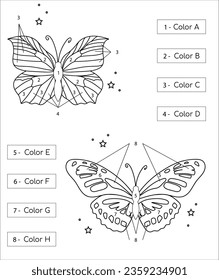 Coloring page - Butterflies with flowers. Coloring page Butterflies with stars. Vector hand drawn butterfly. Line art illustration for coloring book. Anti stress hobby. 76