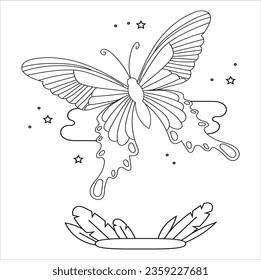 Coloring page Butterflies with stars. Vector hand drawn butterfly. Line art illustration for coloring book. Anti stress hobby. 88