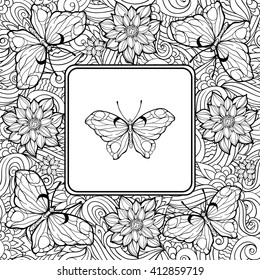 Coloring page with butterfly in the center and pattern of flowers and butterflies.