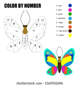 Coloring page with butterfly. Color by numbers educational children game, drawing kids activity, printable sheet. Vector illustration