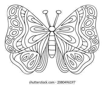 Coloring page butterfly. Wings with patterns. Cute insect. Coloring book for children and adults. Hand drawn thin line art vector illustration. Isolated doodle element.